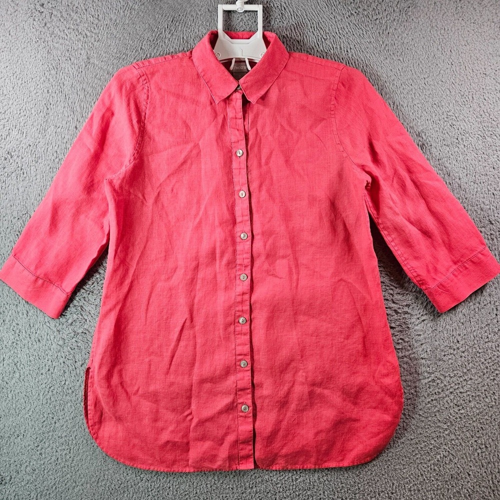 Chico's 100% Linen Shirt Top‎ Women Size 0 Button Up 3/4 Sleeve Pink-Red